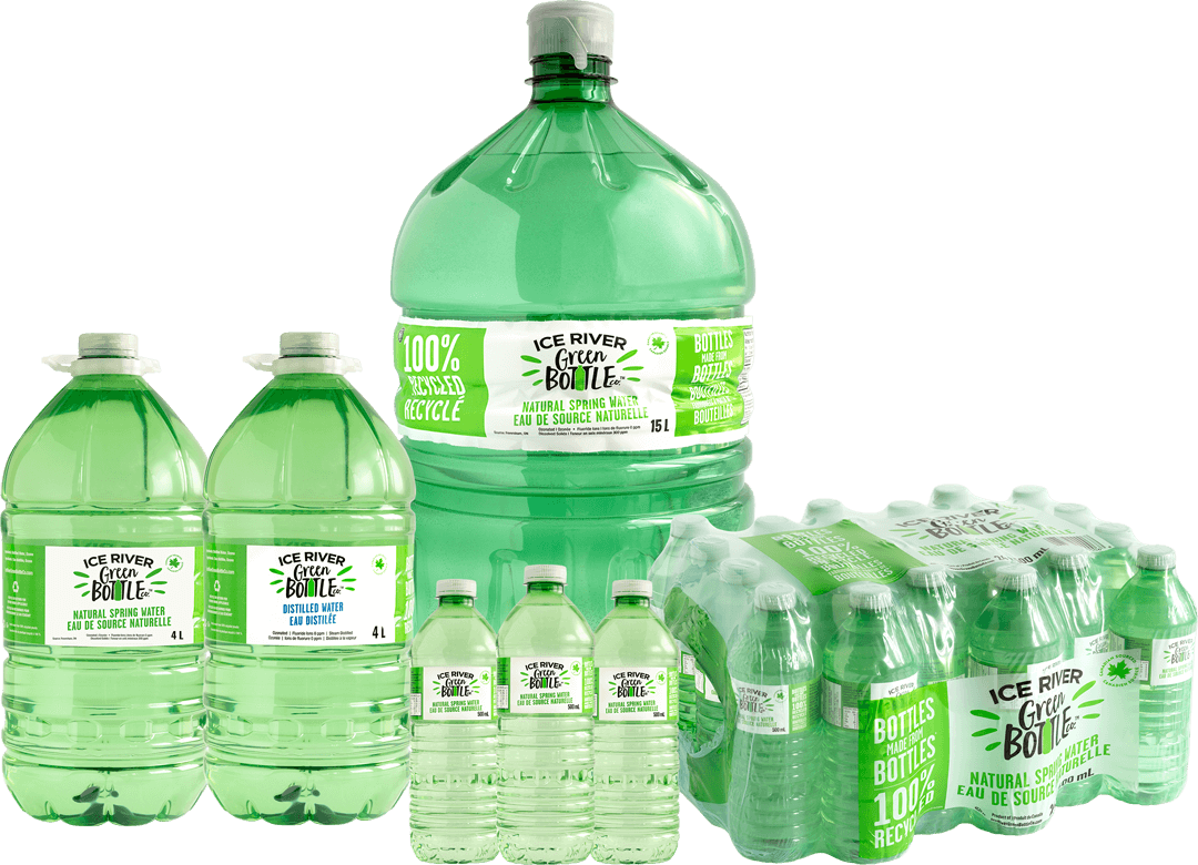 Various size bottles of Ice River Green Bottle Water