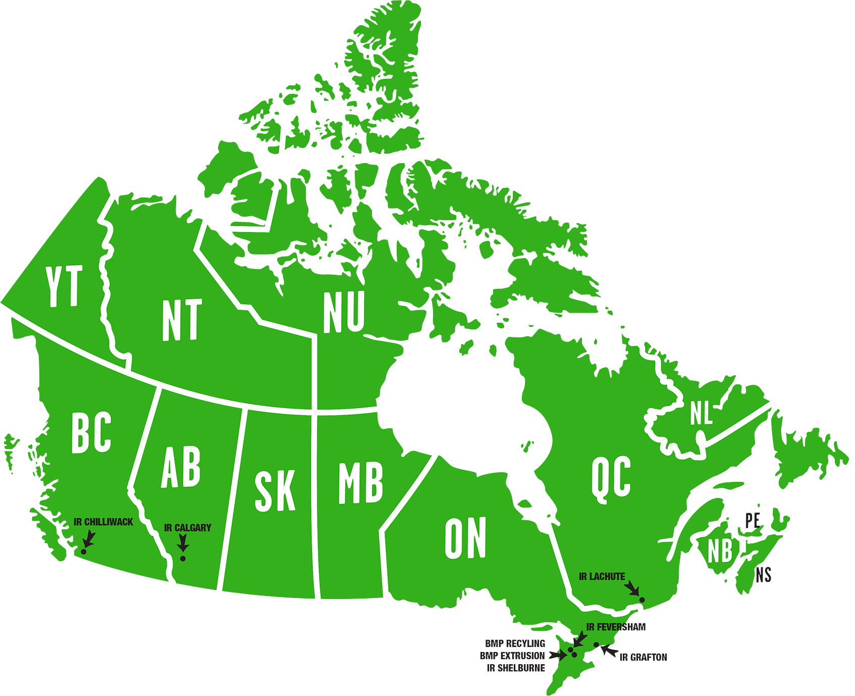 Map of Canada showing the Ice River plant locations. 